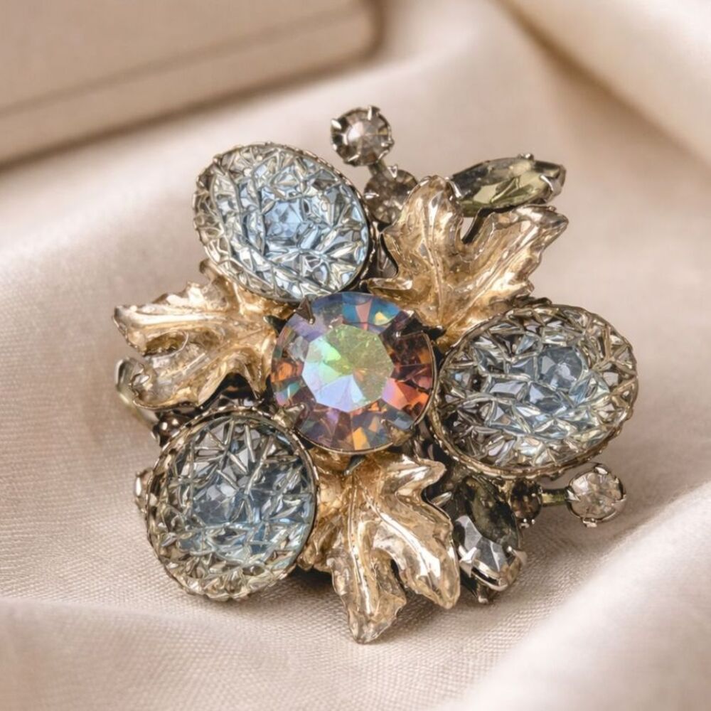 Vintage 1950s Aurora Borealis Rhinestone Blue Glass Brooch